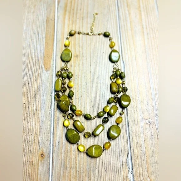Olive Green Beaded Necklace, 3 Strand - Picture 1 of 4